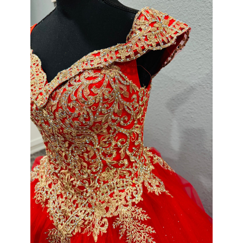 Chicas Red & Gold Ball Gown Dress | Size Large | Off-Shoulder Glitter Tulle - Picture 10 of 16